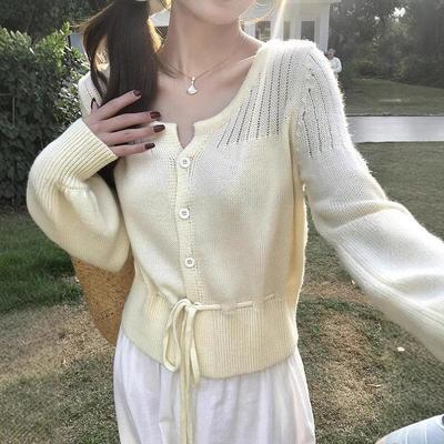 Gentle Wind Drawstring Round Neck Long Sleeve Thin Knitted Cardigan Women Spring and Autumn Design Hollow Sweater Jacket Women
