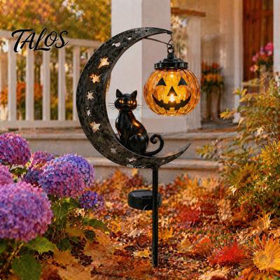 Solarbetriebene Dekorationsleuchten für Veranda Halloween Schwarze Katze & Kürbis Mond Garten-Erdspießleuchte, Wasserdicht auf Erdspießen Süße Nächte Sichel