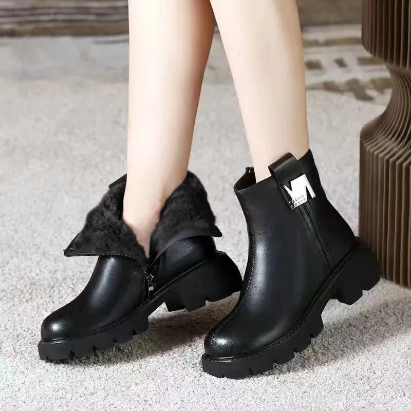 Winter Women Shoes Round Toe Chunky Heel Boots  Leather Shoes for Women Warm Wool Snow Boots Zipper Platform Shoes Wome
