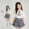 Girls' Summer Polo Collar Plaid Skirt Set - Casual Academy Style, Korean Sweet Two-Piece Outfit