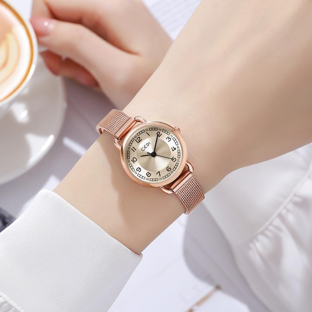 Light Luxury Fashion Temperament Round Dial Simple Digital Scale Stainless Steel Mesh Belt Waterproof Quartz Watch