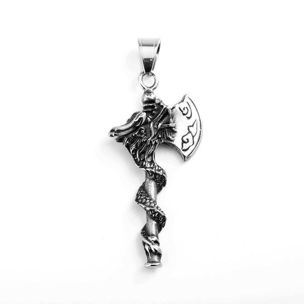 European Retro Stainless Steel Double-Sided Dragon Axe Pendant Necklace