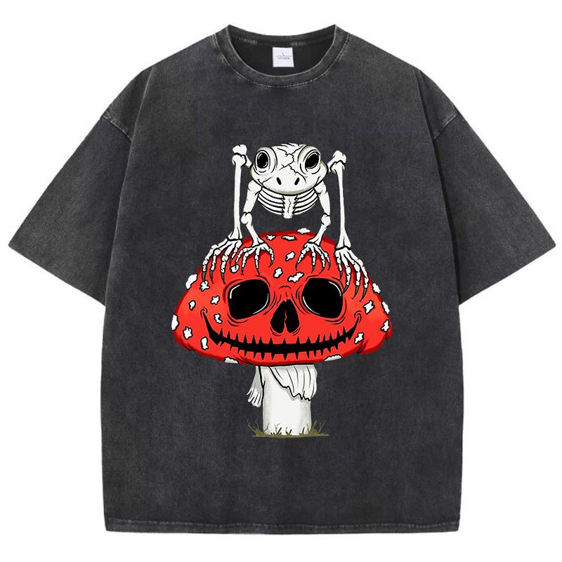 Cottagecore Mushrooms Skeleton Frog Print Women Washed T Shirt Summer Cotton T-Shirt Casual O-Neck Clothes