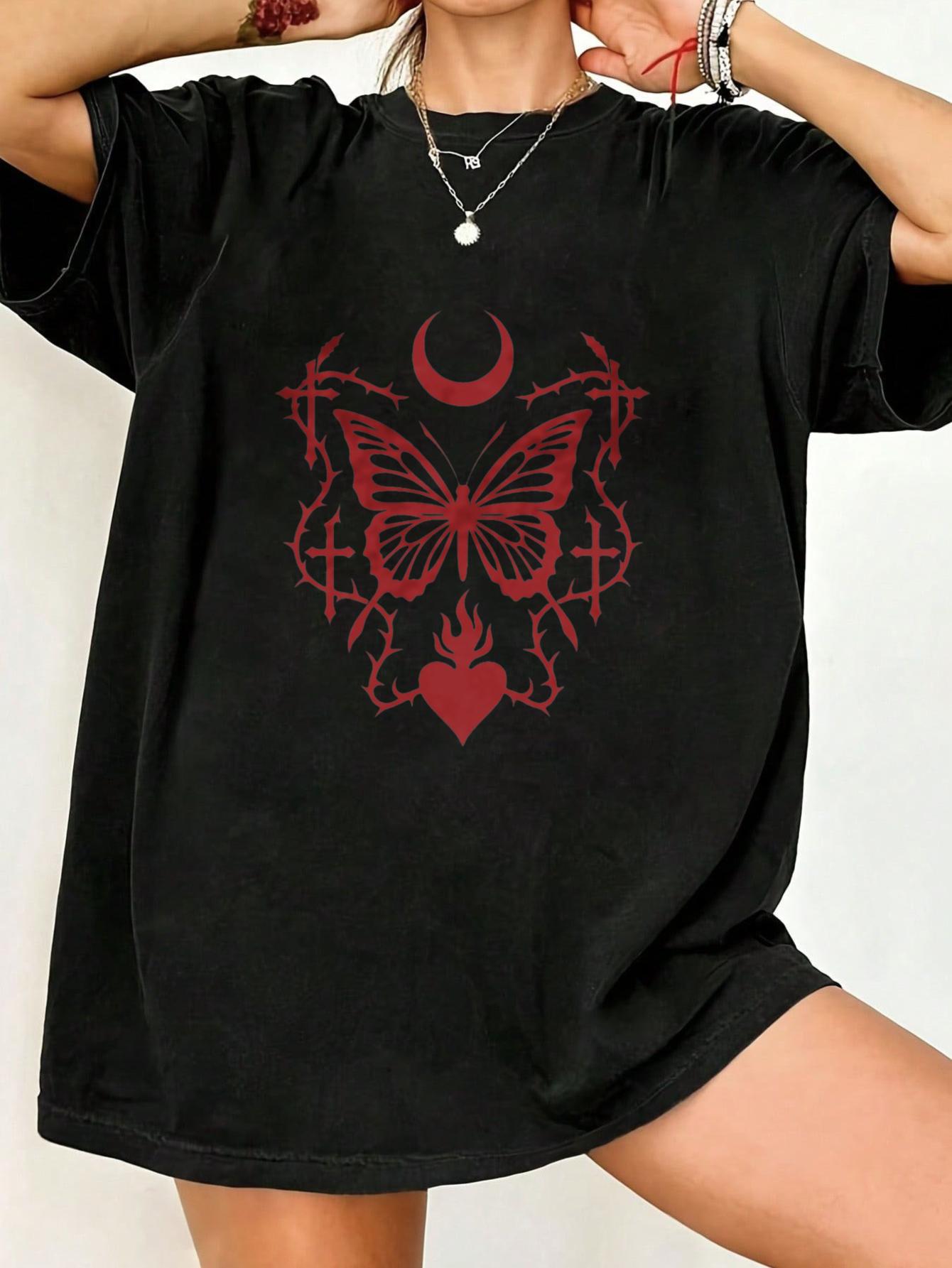 

Black Oversized T Shirt With Red Butterfly Moon And Heart Print For Casual Wear S чёрный