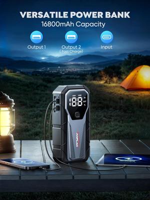 Car Jump Starter 6000A 12V, 16800mAh Portable Jump Box for 10L Gas/9L Engines, Smart Cables, LED Display, Fast Charge, SOS Light
