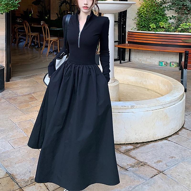 French Hepburn Style Long Sleeve Square Neck Dress for Women - Autumn High-End Inner Layer Long Skirt Extra Large чёрный
