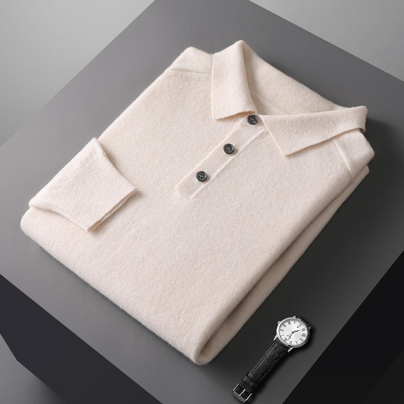 Autumn/Winter Pure Cashmere Sweater For Men, Polo Collar, Thickened Warm, Long Sleeve Pullover, Lapel Wool Knit Base Layer