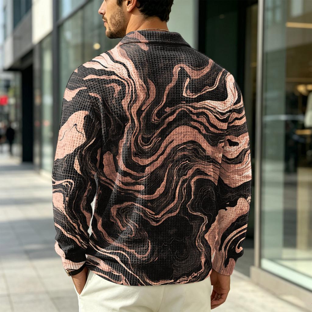 Men's Pullover Long Sleeve Top with Collar and Pocket, Fall Outdoor Casual Printed Shirt