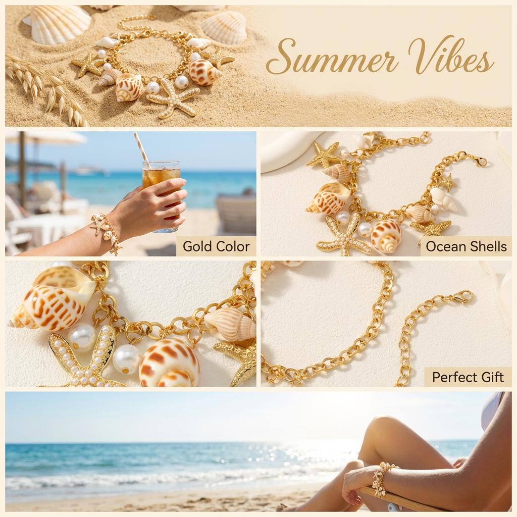 Bohemian Starfish Conch Shell Charm Bracelet for Women Gold Color Chain Pearl Tassel Bracelet Summer Beach Jewelry Vacation Gift
