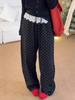 Korean Lace Trim Polka Dot Casual Wide Leg Pants for Women, Elastic Waist, Slim Fit, Spring/Autumn