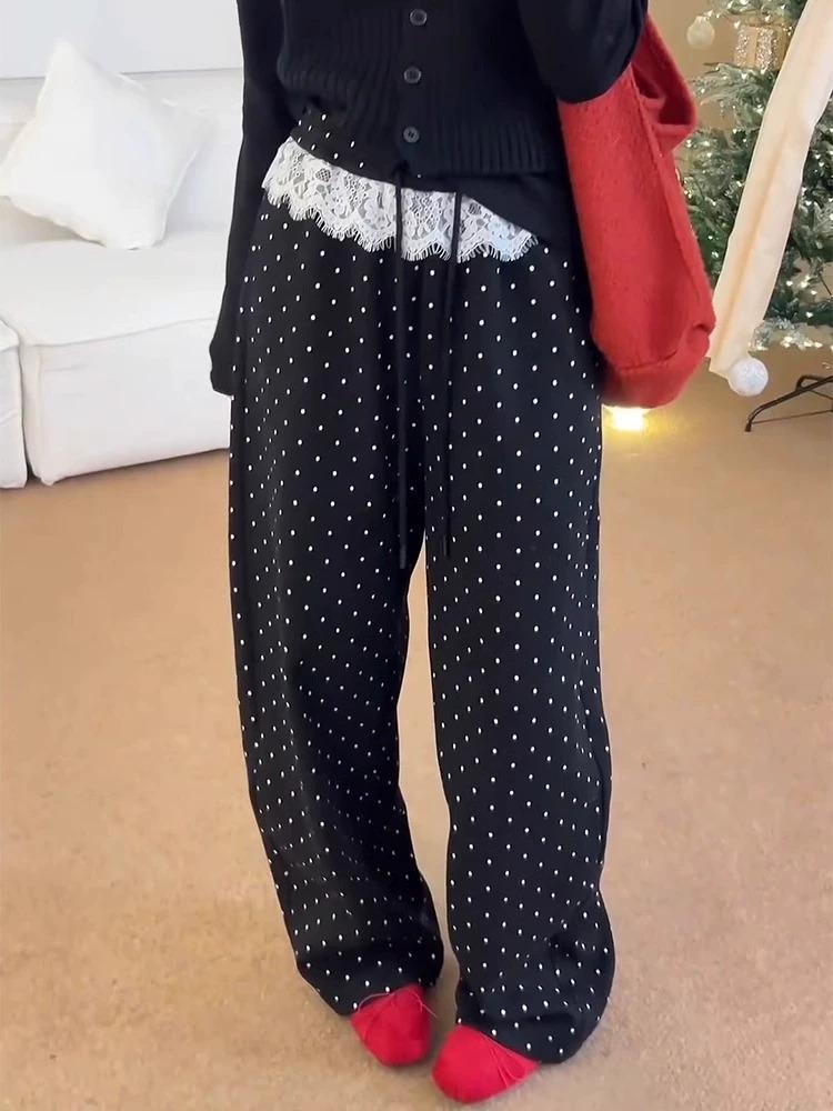 Korean Lace Trim Polka Dot Casual Wide Leg Pants for Women, Elastic Waist, Slim Fit, Spring/Autumn