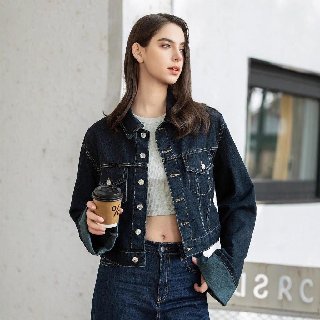 European and American Spring and Autumn New Women's Rolled Edge Sleeve Denim Jacket Jacket