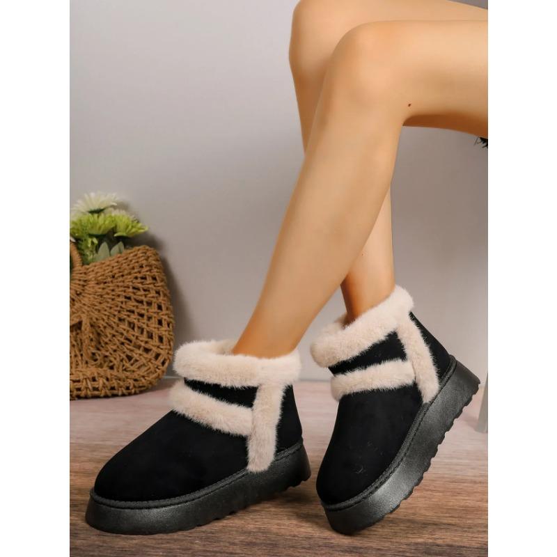 Women Snow Boots White Plush  Winter Snow Boots Flat Bottomed Short Tube Thick Sole Platform Comfort Warm Snow Cotton Shoes