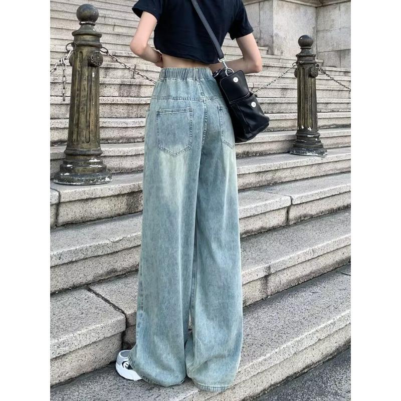 Vintage Jeans Women Drawstring Straight Pants Draped Dragline Trousers Loose Wide Leg Pant Tide