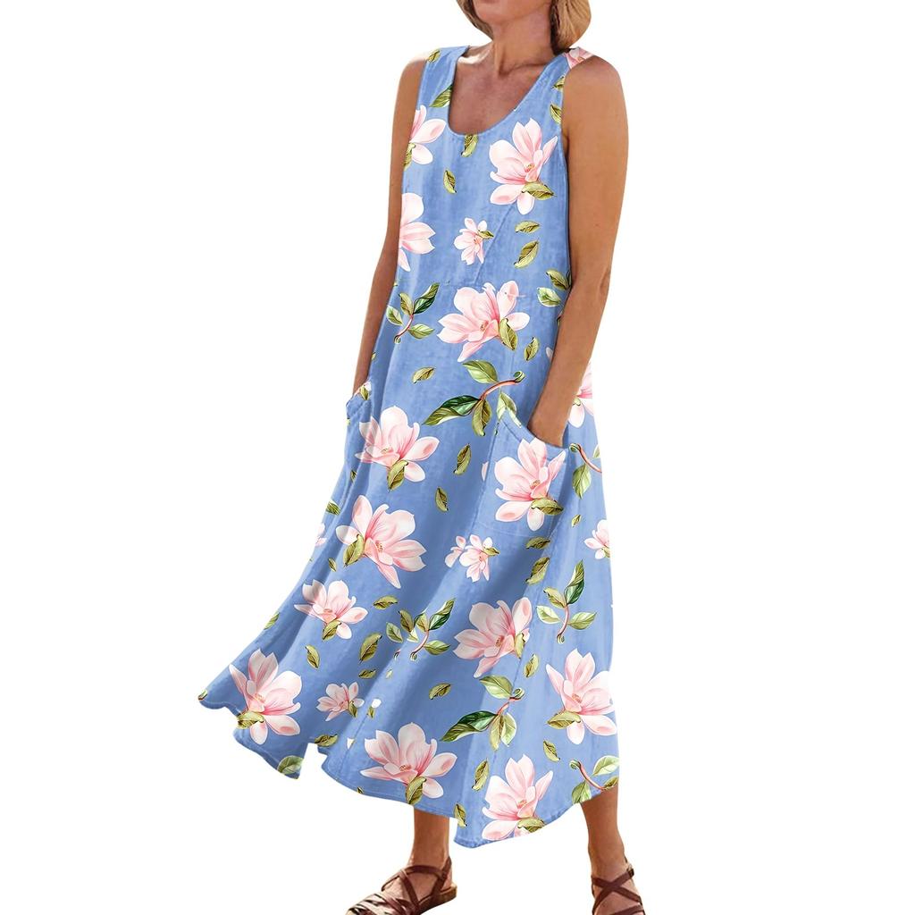 Vestido sin mangas para mujer Vestido de bolsillo con cuello redondo sin mangas estampado a la moda informal de verano para mujer