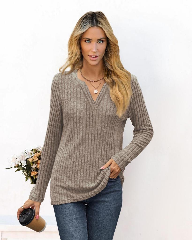 European & American Autumn/Winter V-Neck Loose Long Sleeve Women's T-Shirt