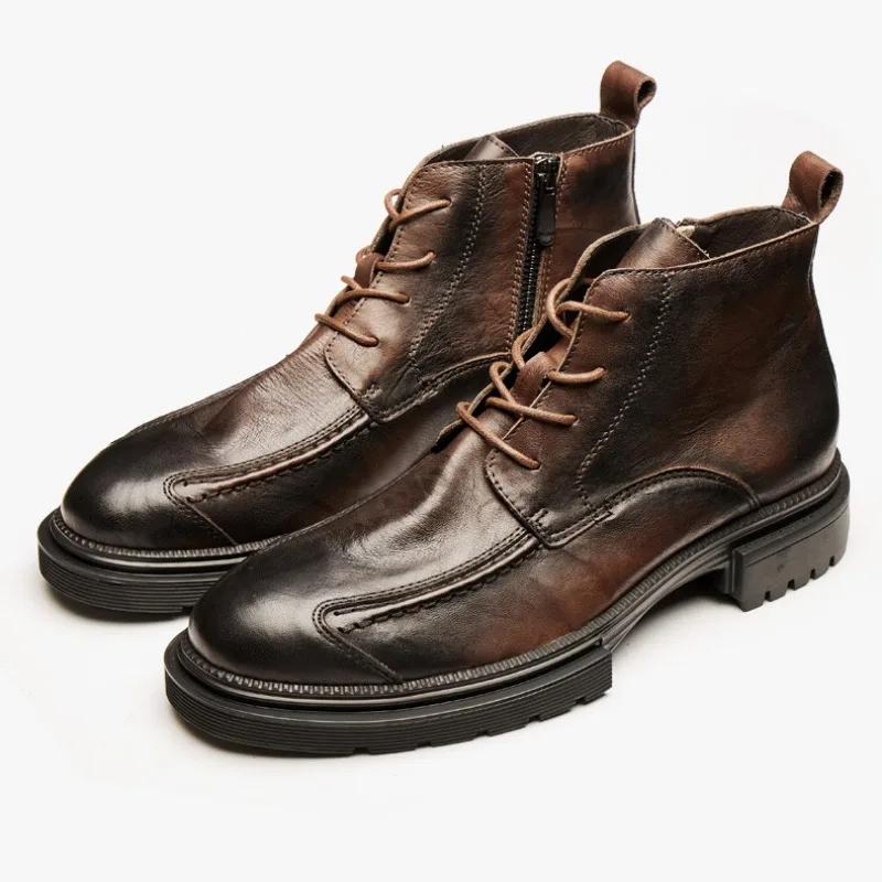 2025 Fashion Men's Platform Motorcycle Boots Retro Brown Leather Round Toe Ankle Boots Plus Size 38-48 Male Outdoor Casual Shoes
