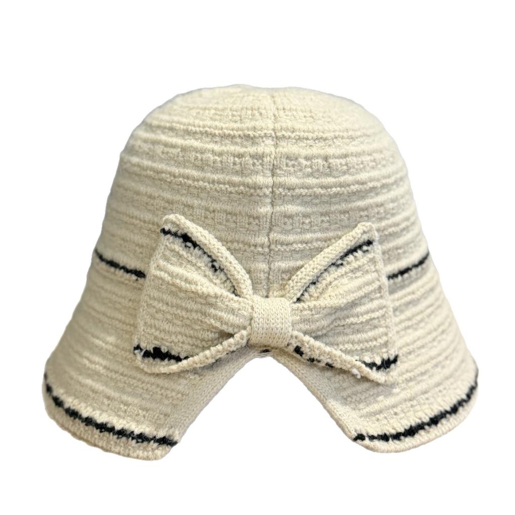 New Korean Style Knitted Bow Fisherman Hat for Women Versatile Face Showing Small Basin Hat Foldable Autumn and Winter Bucket Hat