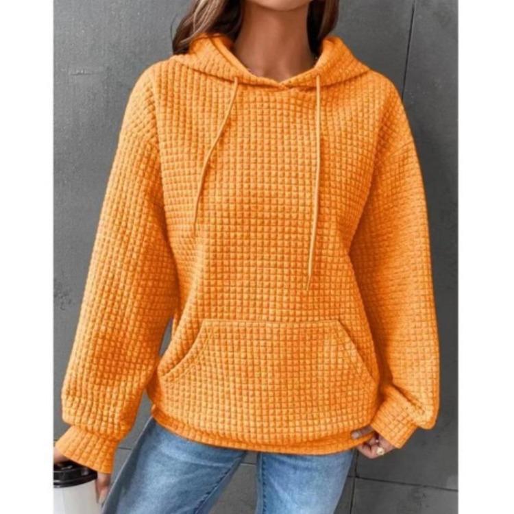 

Women Plus Size Waffle Pattern Hooded Sweatshirt Long Sleeve Casual Pullover With Pockets Drawstring Solid 5XL