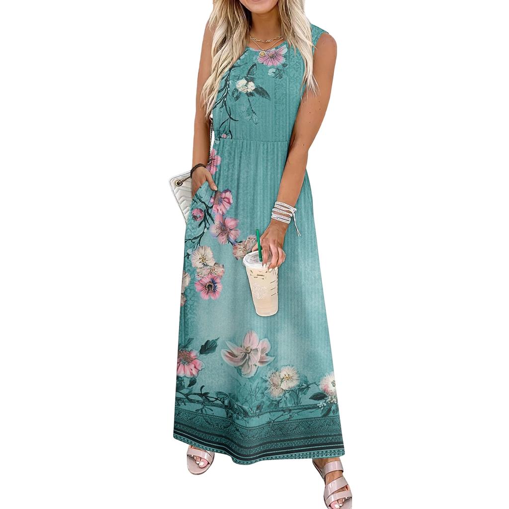 Ladies' Floral Print Casual and Fashionable Waist Cinched Sleeveless Dress