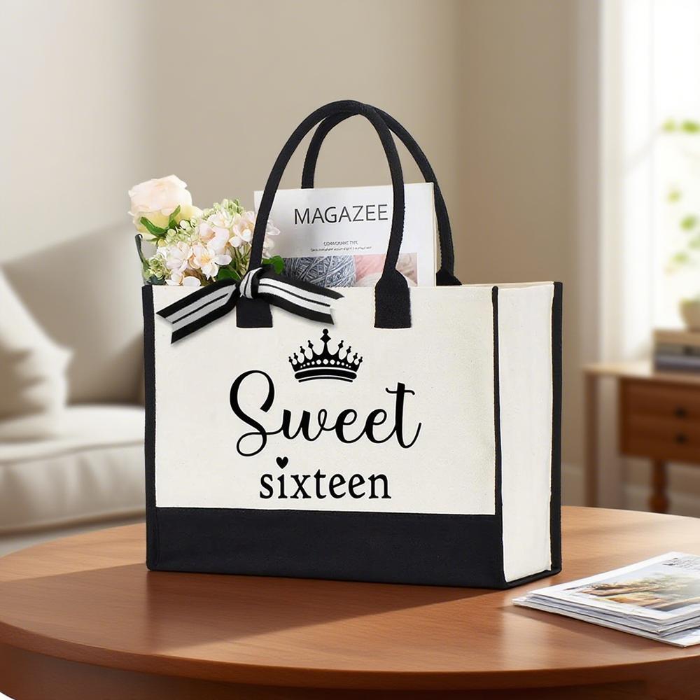 Sweet Sixteen Tote Bag Canvas Bag Celebration Sweet 16 Birthday Party Decoration Supplies Gift for Daughter or Women Souvenirs