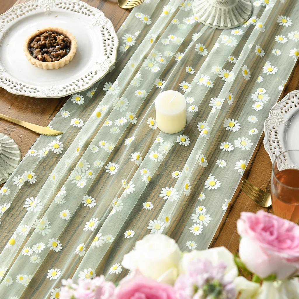 Grüner Gänseblümchen Netz-Gaze Tischläufer, Frischer Stil Durchsichtiger Chiffon-Netz-Blumen Tischdekoration Für Weihnachten Hochzeit Party