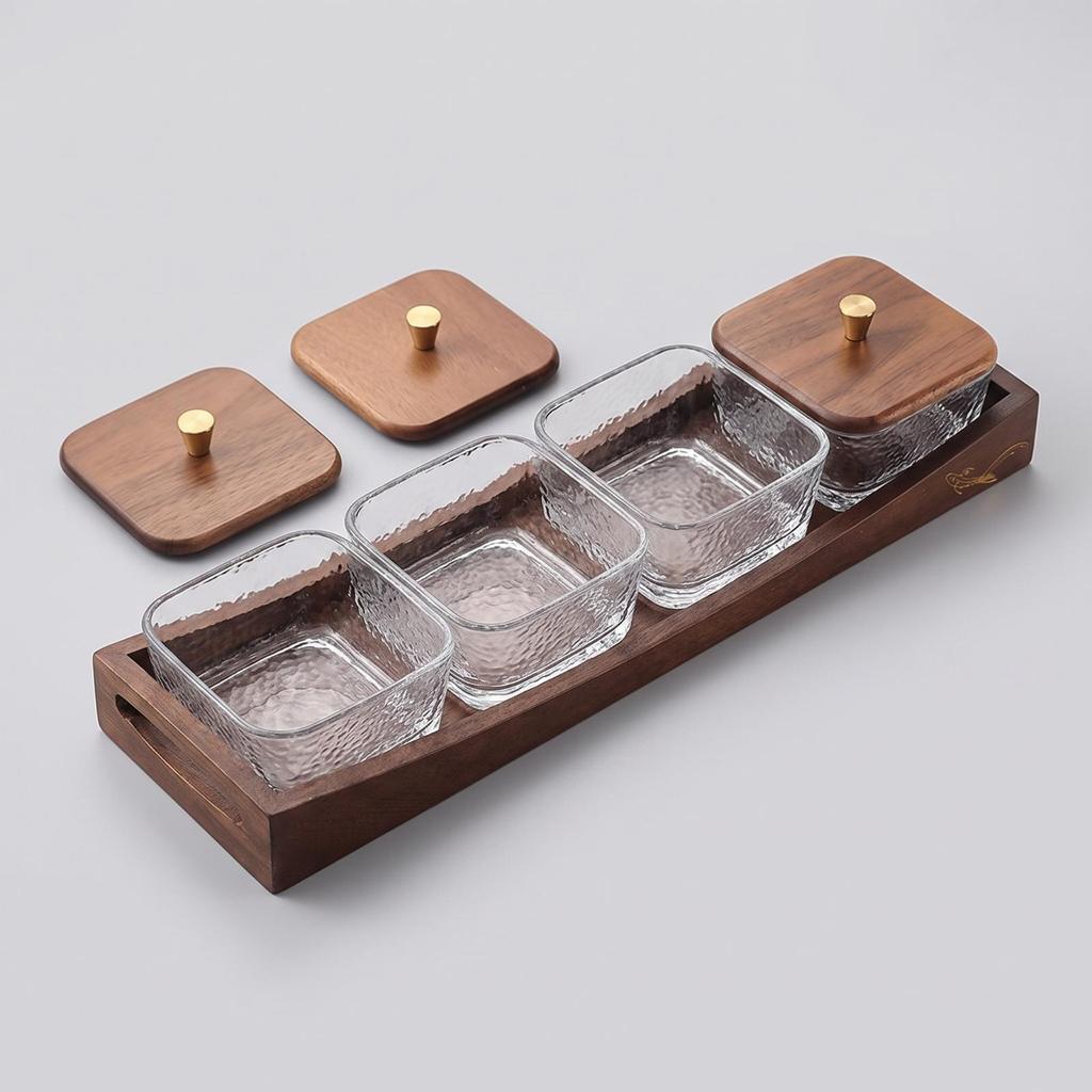Wood Snack Tray with Glass Bowls Wooden Serving Dishes Appetizer