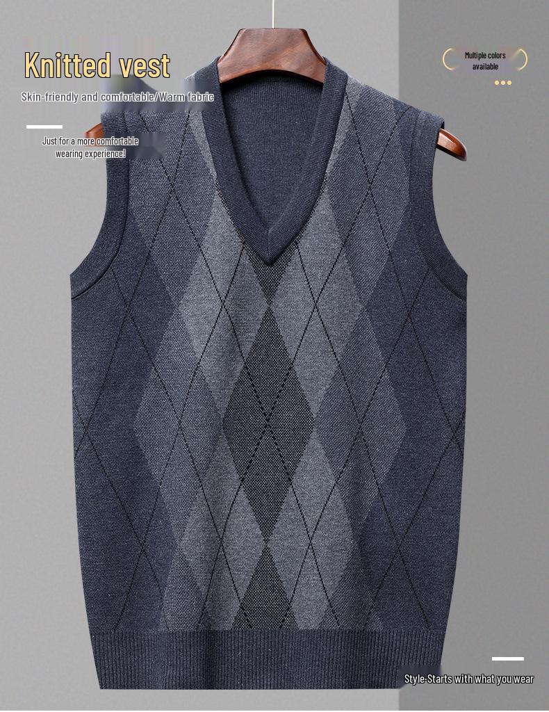 Men's Winter Sleeveless Plaid Knit Sweater Vest - Thick & Warm, Middle-aged Casual Style