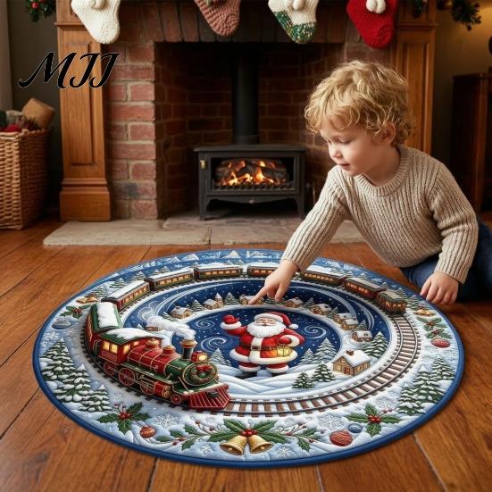 Festive Round Rug for Christmas 3D Rug, Vortex Optical Illusion Area Santa Snowman Staircase Durable Entrance Winter Depth Pattern, Non-slip Floor Mat