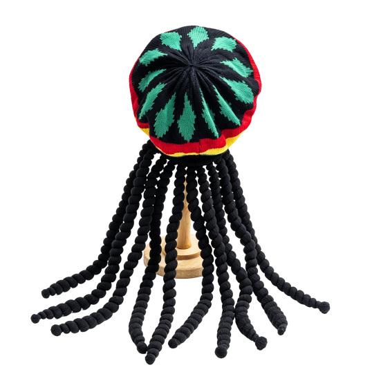 

Cosplay Hat Red Yellow Green Jamaica Colors Colorful Beret Hat with Black Braided Pigtail Wig Cosplay Headwear Halloween Costume Party Props