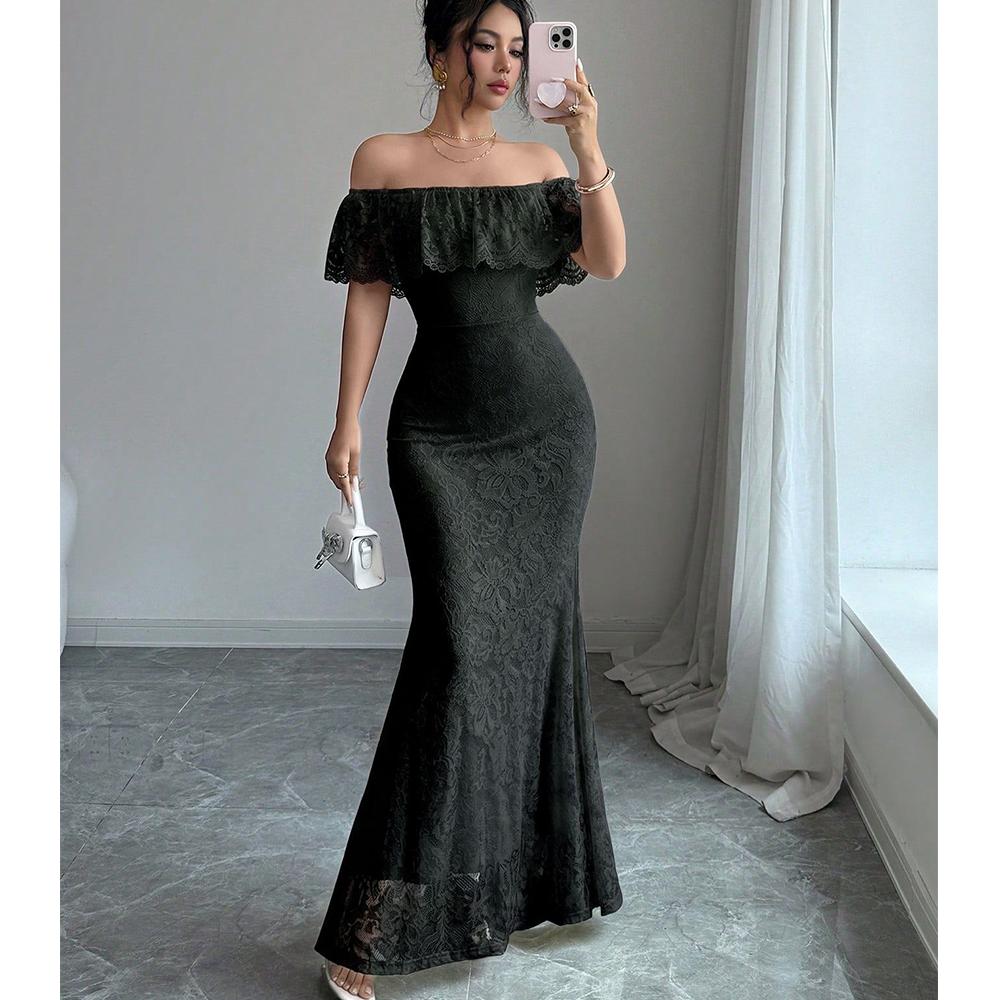 Women s Sexy Hollow Out Lace Off-Shoulder Maxi Dress Package Hip Evening Party Gown S