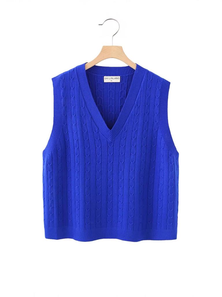 2026 Spring Korean V-neck Cable Knit Vest: Women's Plus Size Sleeveless College Style Layering Tank Top Shrug