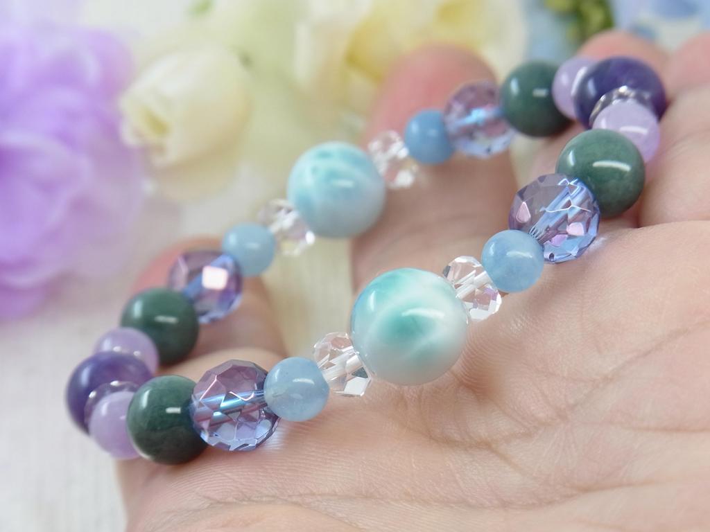 Larimar Charoite Bracelet Lavender 34 D9 [LARIMARMJ] Large Aurora-colored Amethyst/Burmese Jade/Aquamarine