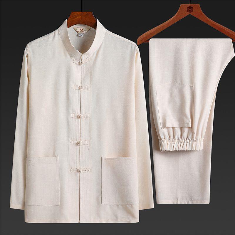 Men's Cotton & Linen Tang Suit Set: Long-Sleeved, Lightweight, Retro Style for Middle-Aged & Elderly. Perfect for Spring, Autumn, Summer.