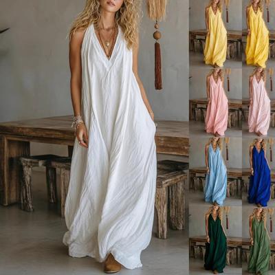 Sommer ärmelloses V-Ausschnitt Neckholder Maxikleid Leinenmischung Lockerer Schnitt Boho Strandkleid
