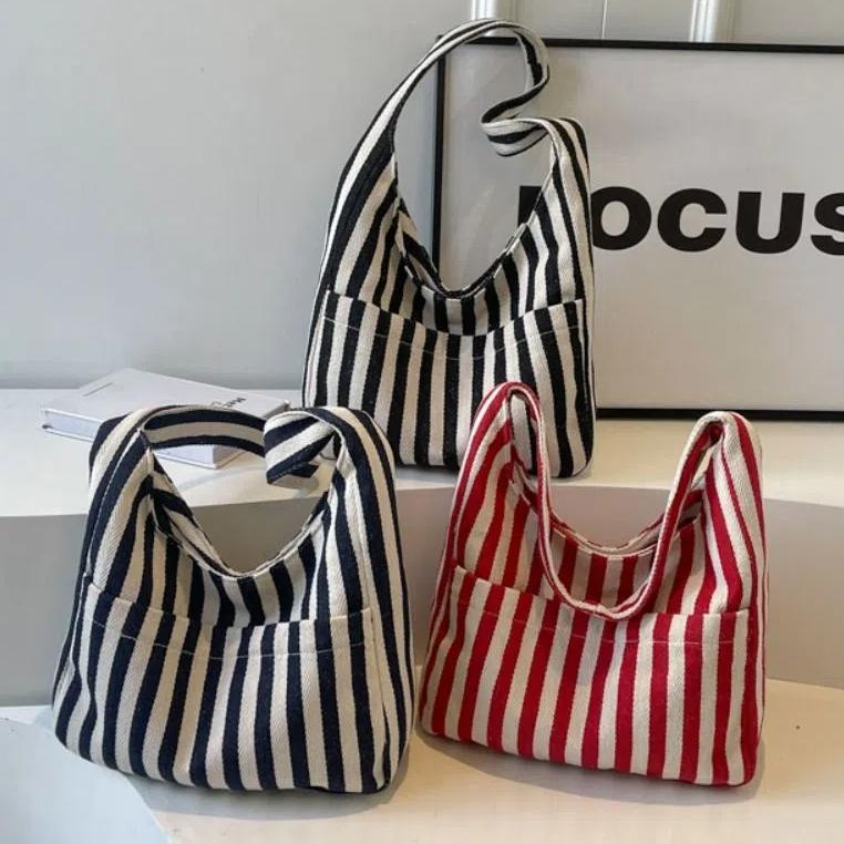 Daily Magnetic Snap Vertical Stripe Bag Tote Vintage Commute Handbag Canvas Shoulder Bag Girls