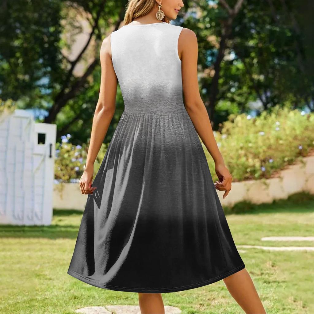 Modisches, bedrucktes, ärmelloses, lässiges Pullover-Kleid mit Rundhalsausschnitt und Tasche für Damen in mittlerer Länge