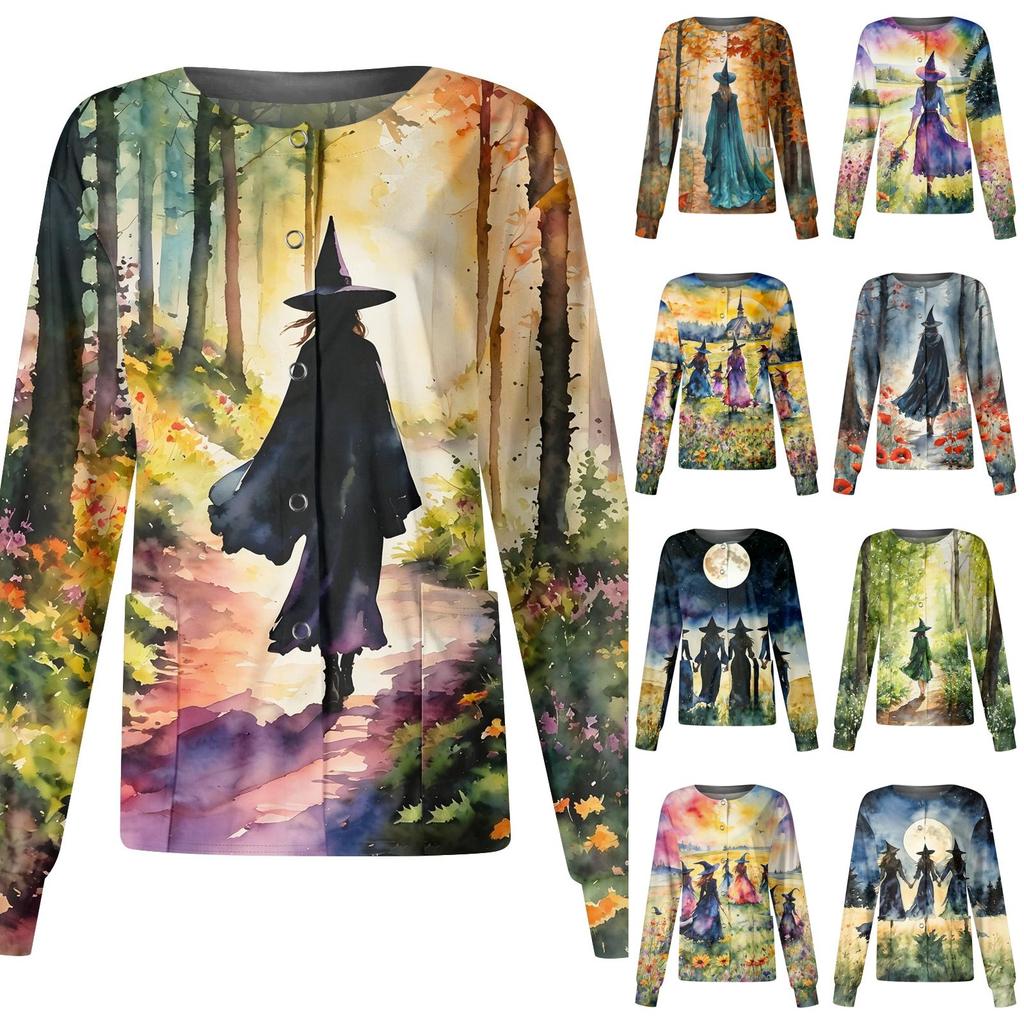 Women's Halloween Printed Long Sleeve Single Breasted Cardigan Top for Costume Party