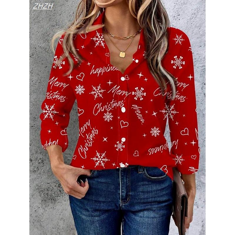 christmas Women's Plaid Snowflake Blouse, Tropical Vintage Style, Patchwork Button Design, All Seasons Casual Shirt winter