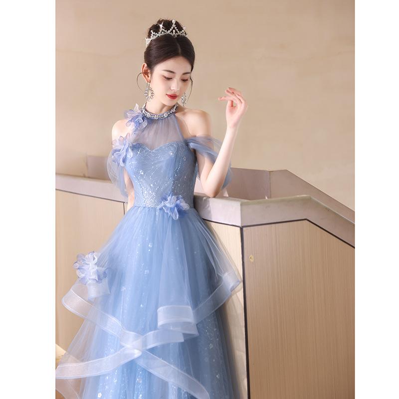 Blue Banquet Evening Dress Dress Women's 1011 New High-end Light Luxury Niche Host Advanced Sense Art Test Adult Ceremony