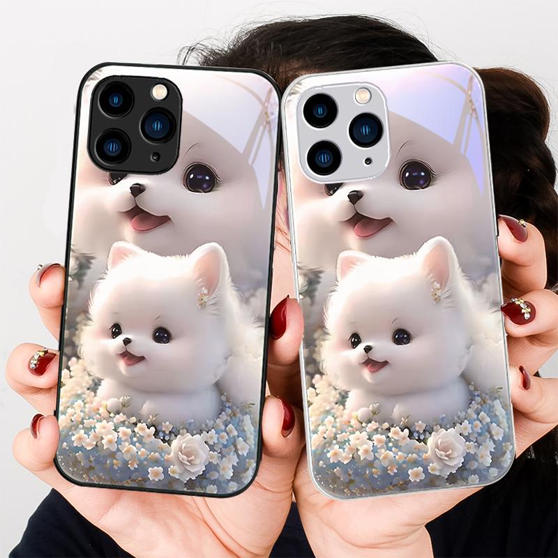 Süßes Haustier Süßer Welpe Hund Lila Für Iphone 16 Plus 15 14 13 12 Mini 11 Pro Max X XS XR 7 8 Plus 2022 Gehärtetes Glas Handyhülle