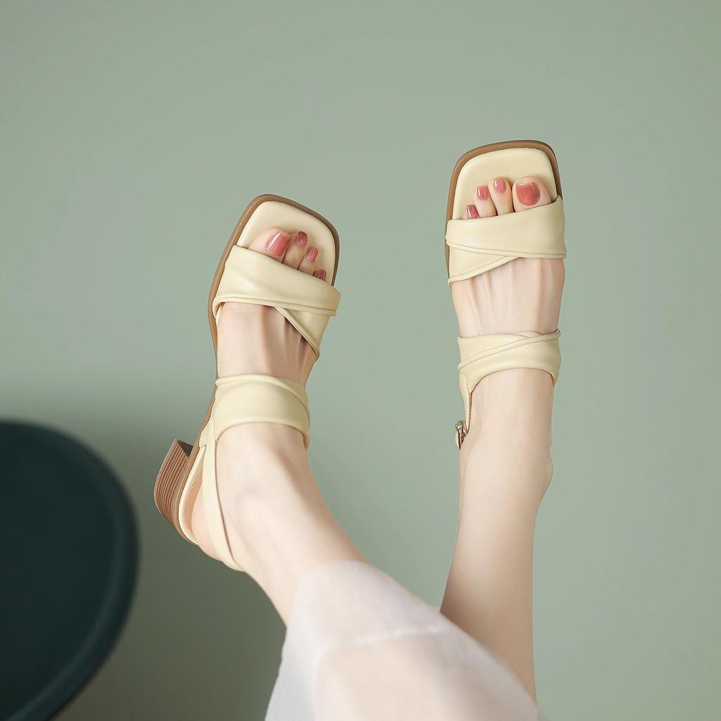 Leather Square Head Open-toed Sandals Female Summer 2025 New Versatile Thick High Heel with Fairy Style Outside Sandals Tide