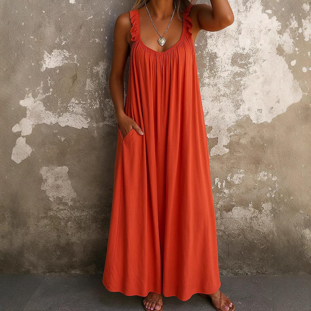 YYFS Women's Fashion Summer Spring Solid Color Print Sleeveless V-Neck Loose Waistlinet Casual Dresses