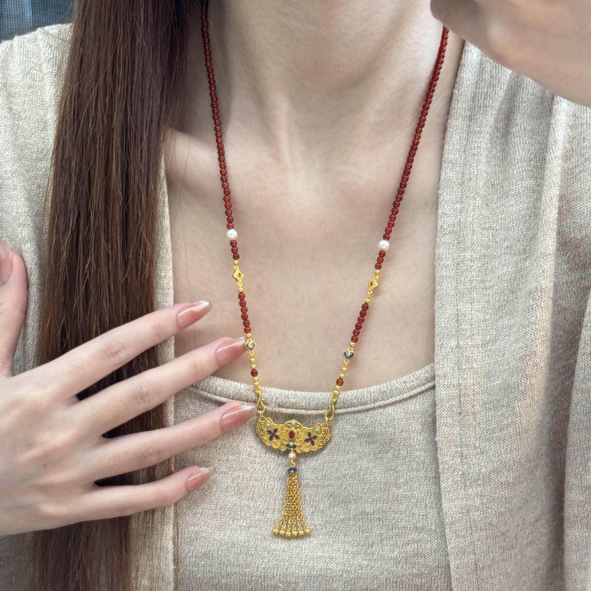 Yellow New Chinese Style Southern Red Agate Tassel Pendant Necklace National Color Fanghua Chain Bracelet Sweater