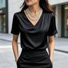 Damen T-Shirt Einfarbige Lockere Passform Glattes Satin V-Ausschnitt Kurzarm Oberteile Sommer Lässiges T-Shirt Tägliche Kleidung