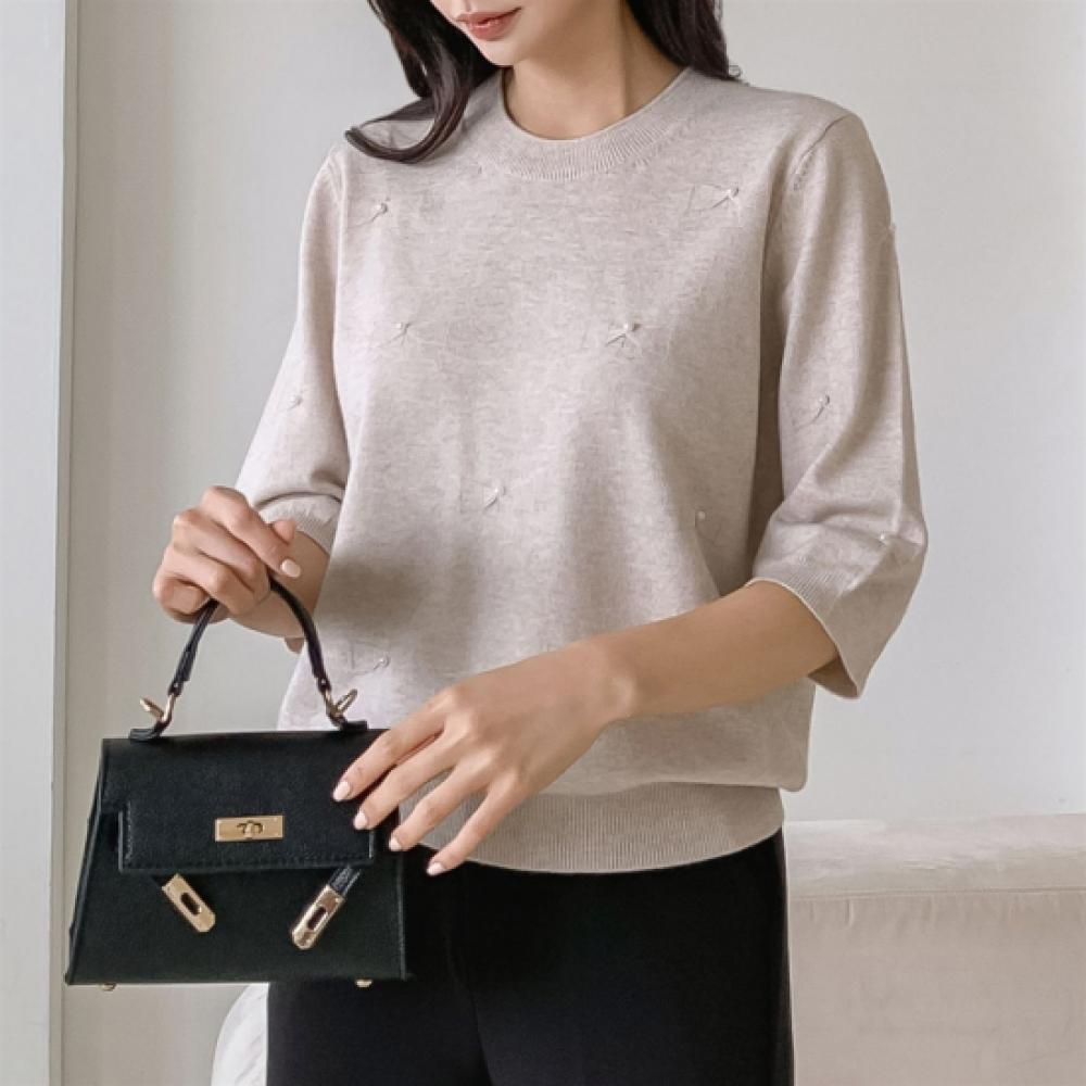 New Arrivals Open Run Women Autumn Fashion Pearl Decoration Ribbon Short Sleeve