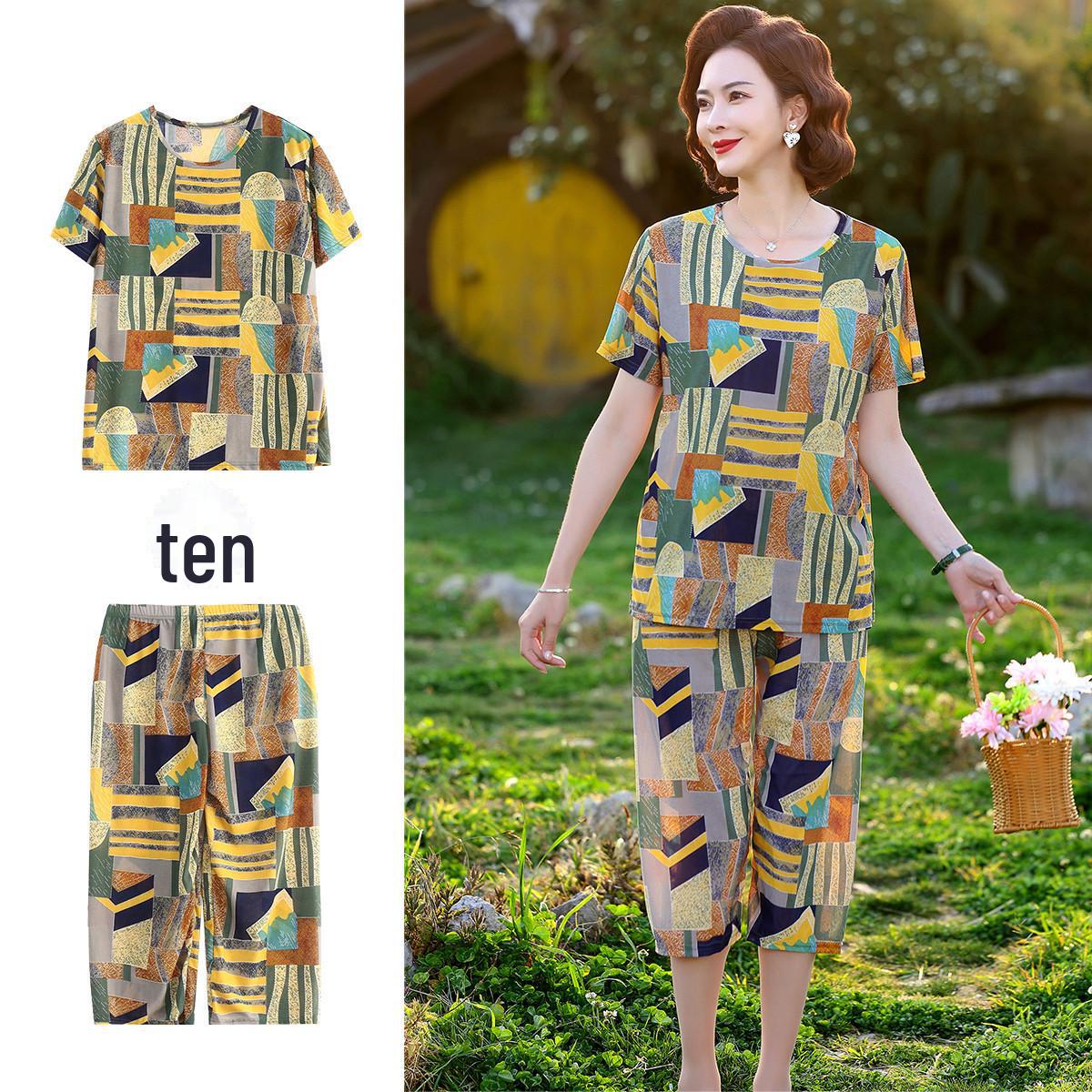 

Летний комплект из двух предметов из ткани Ice Silk в клетку 2024 г.: Футболка с коротким рукавом и укороченные брюки для женщин среднего и пожилого возраста 4XL