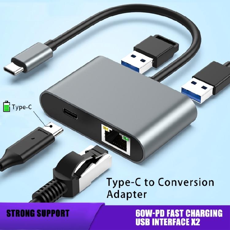 Lightweight Ethernet Converter USB C to RJ45 Adapter with Gigabit Speed and Double USB Port Wide Use PD60W Charging