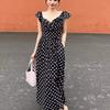 Fashion French polka dot dress summer new pleated waist thin large size temperament long skirt
