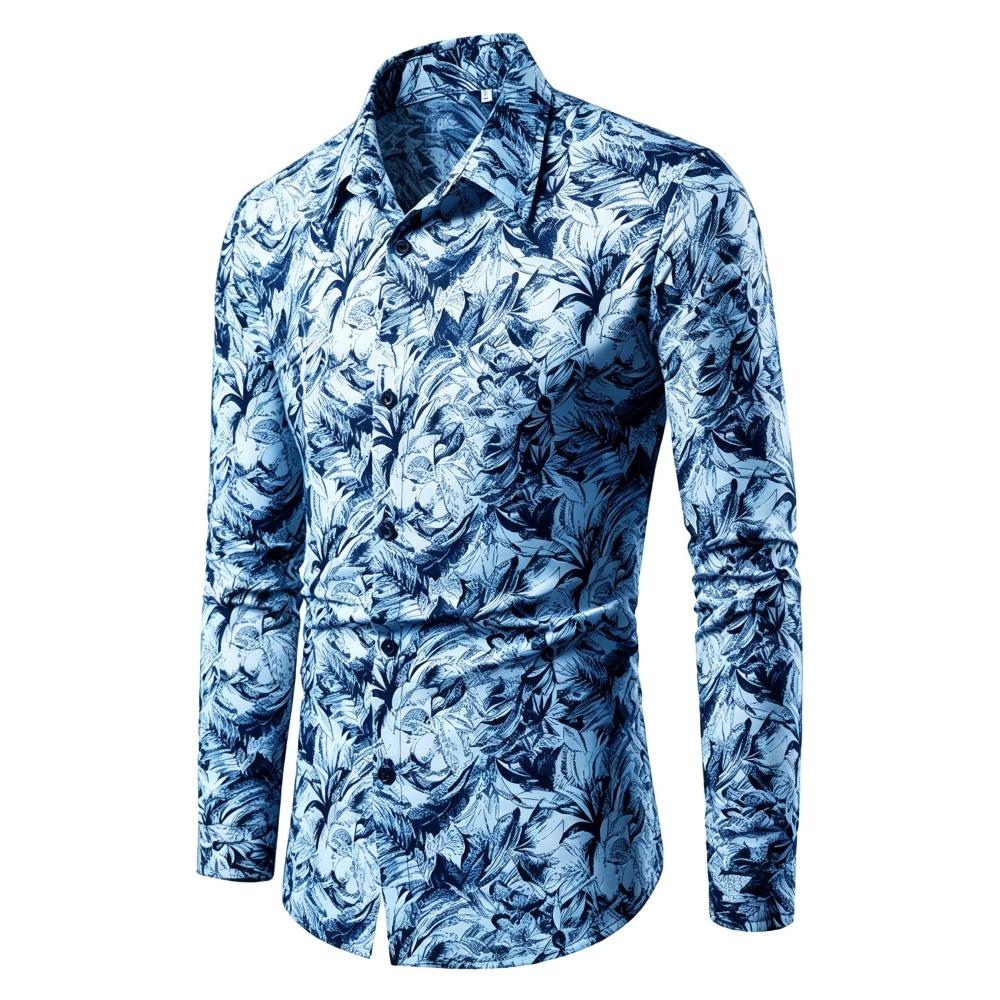 Men's Retro Plant Leaf Printed Long Sleeved Shirt with Slim Fit Collar Trend Shirt, Daily Party Casual Men's Top